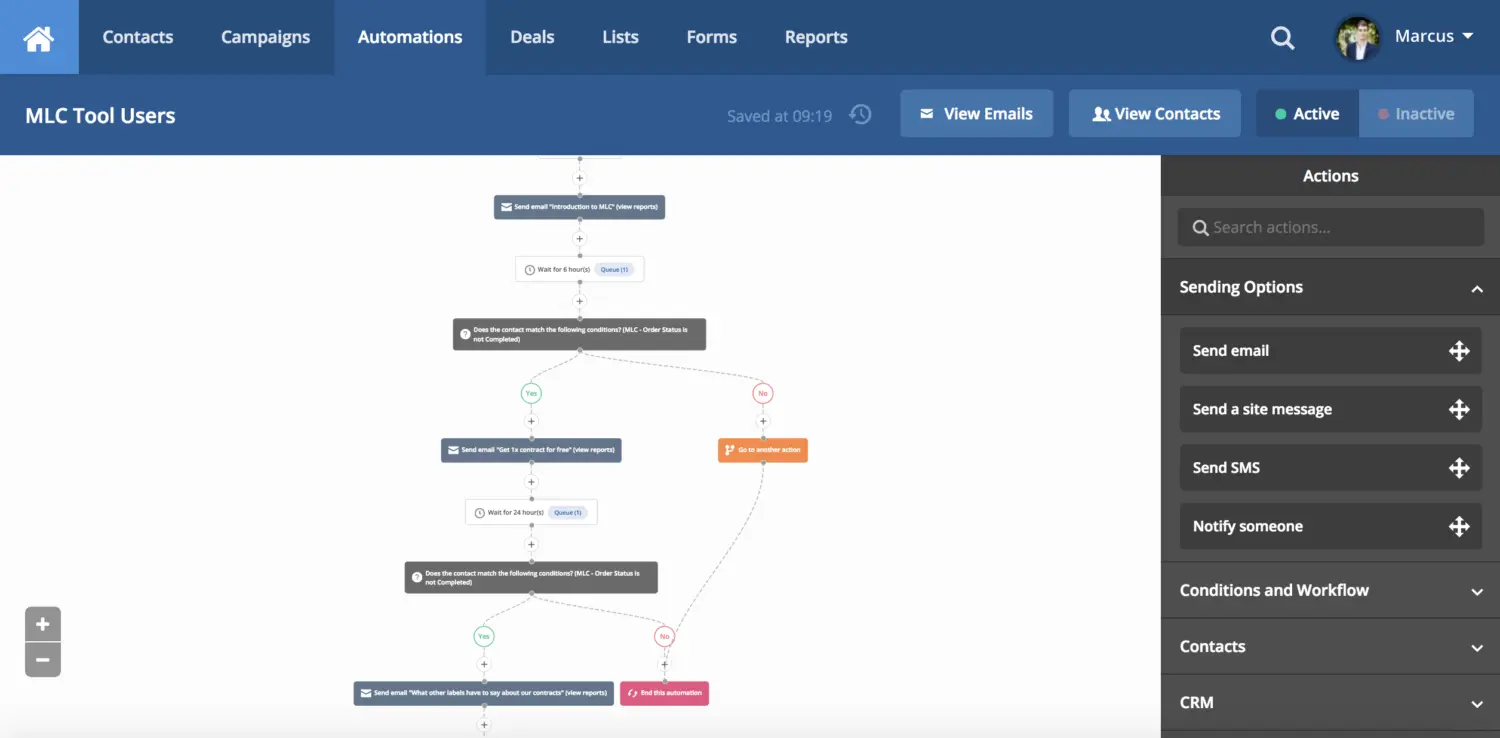 MLC automation tool showing a user journey sequence with different interactions.