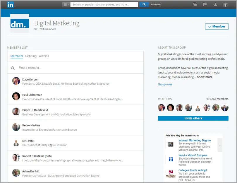LinkedIn group for digital marketing professionals displaying member list and engagement options.