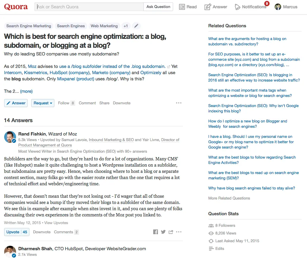 Quora interface displaying a question and answers section.