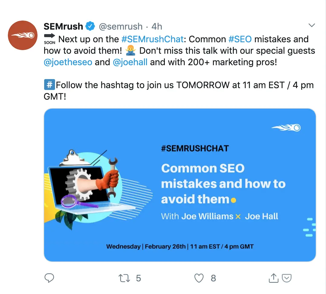 SEMrush Twitter post promoting a discussion on common SEO mistakes.