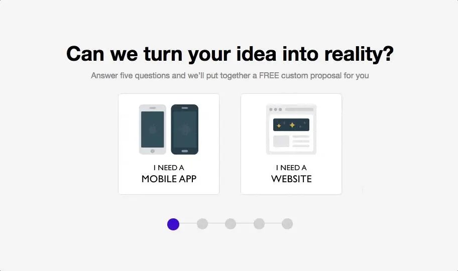 Leadformly multi-step form offering mobile app and website proposals.