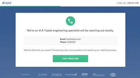Toptal contact form showing user information submission prompt.