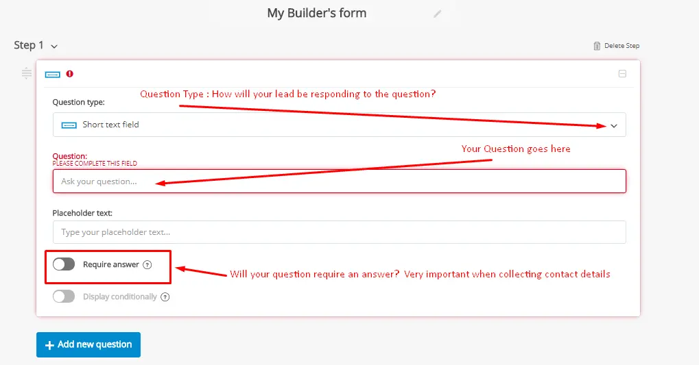 Microsoft Forms question type selection showing options for question formatting.