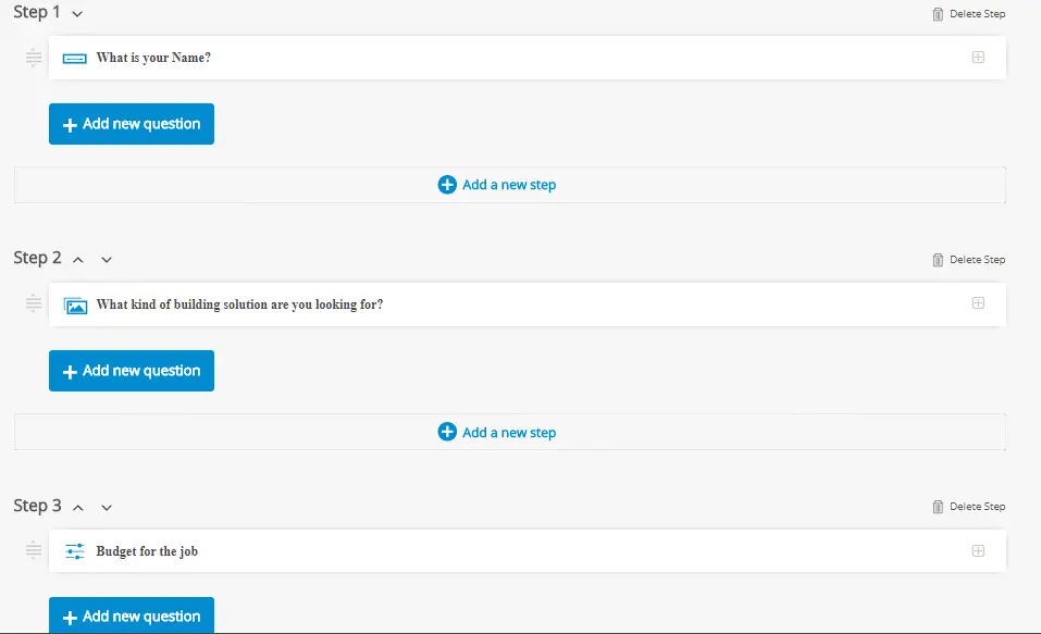 Form builder showing multi-step question setup.
