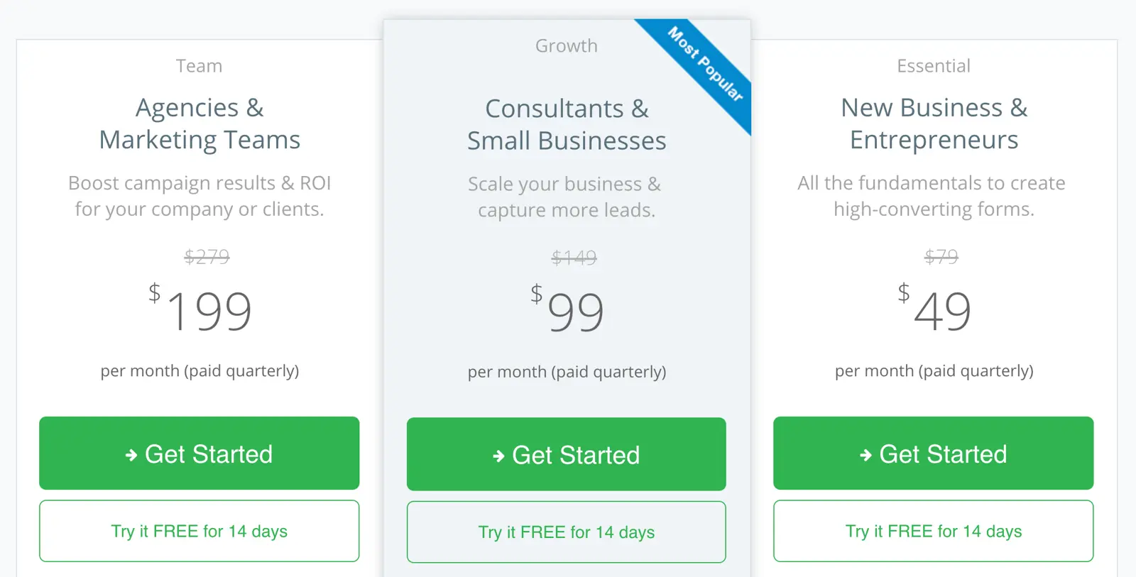 Leadformly pricing tiers for Team, Growth, and Essential packages with monthly costs.