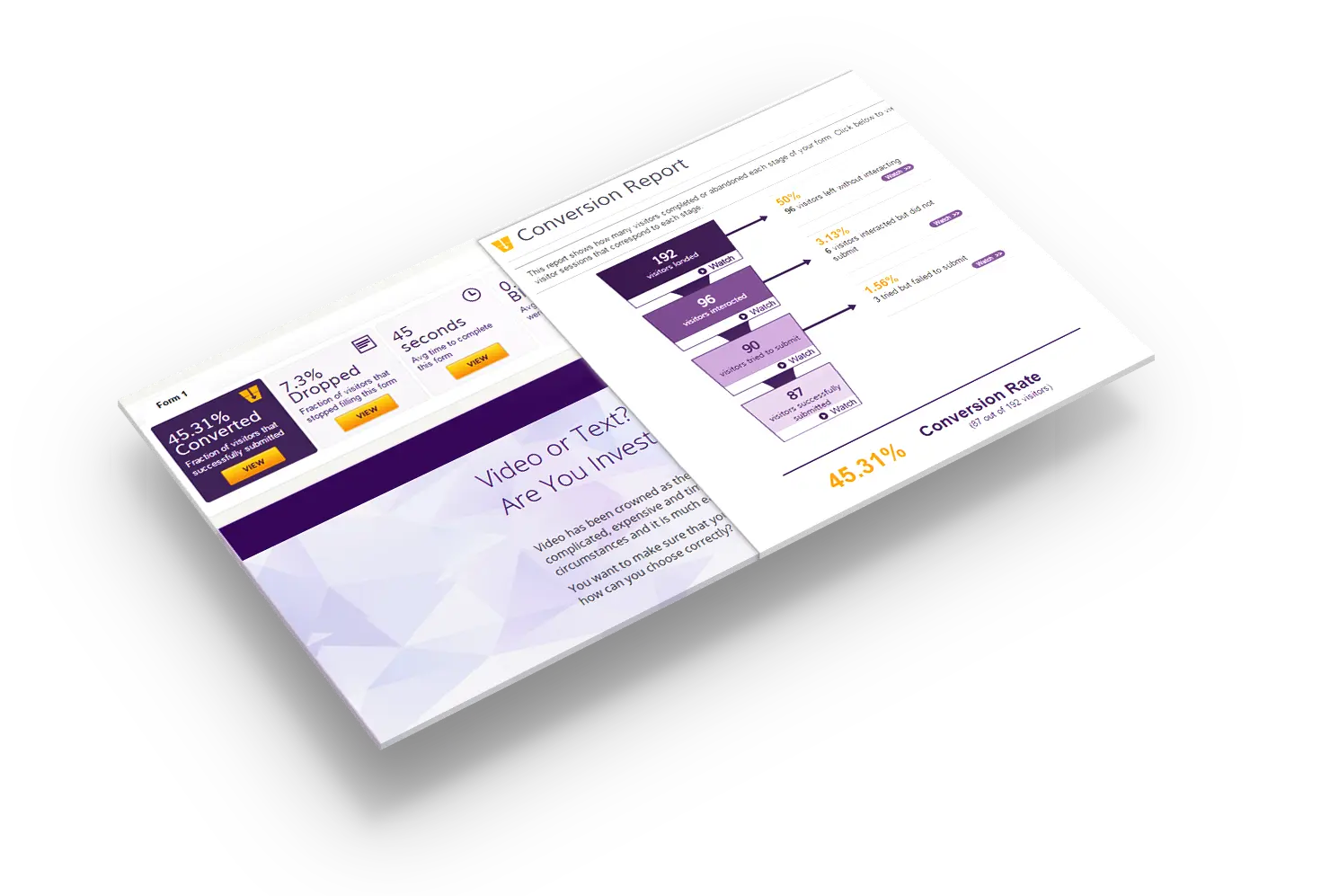 Clicktale conversion report showing engagement metrics and drop-off rates.