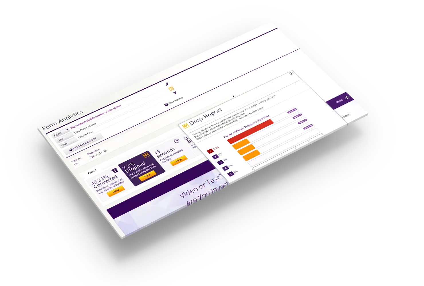 Clicktale Drop Report showing form analytics and conversion metrics.