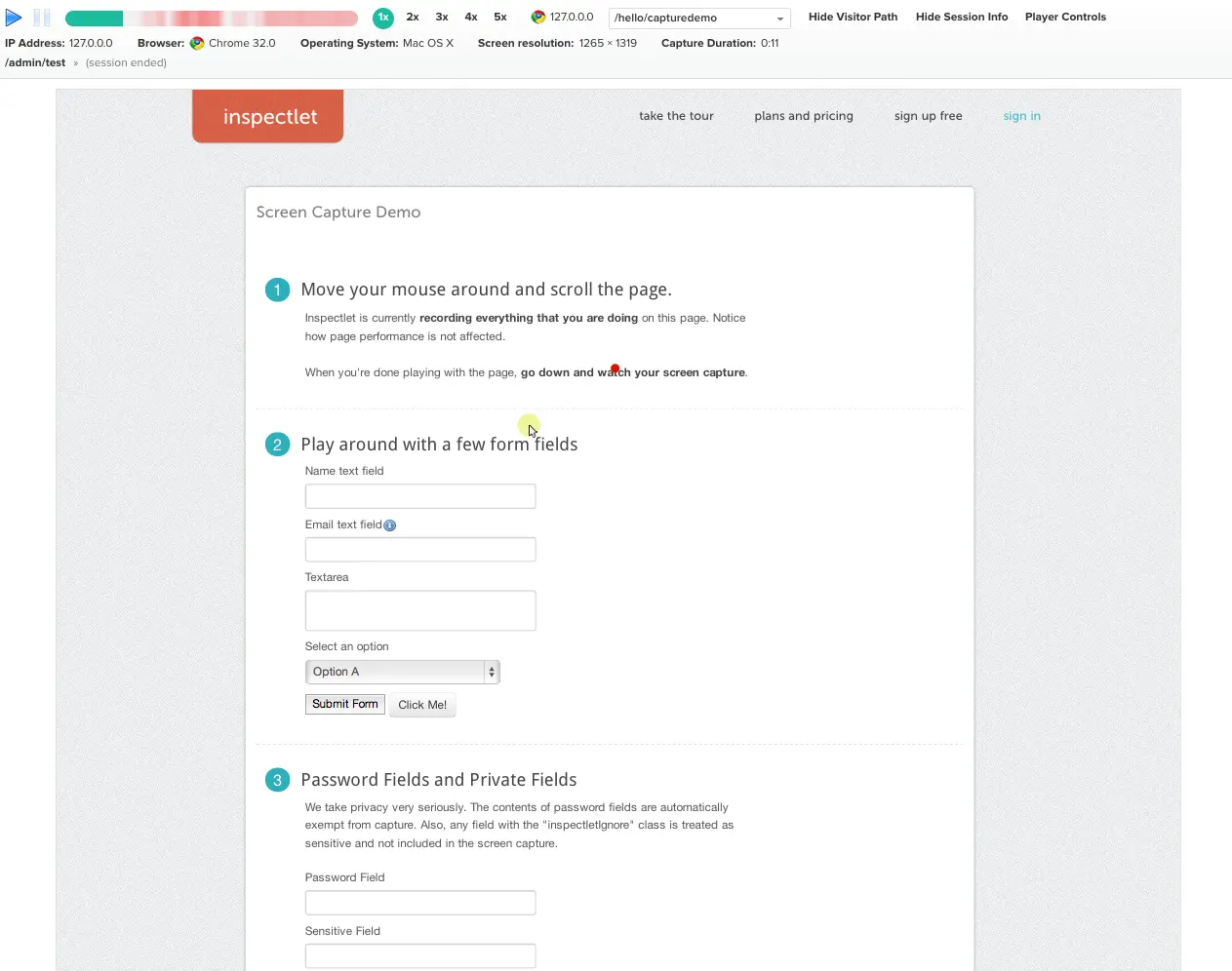 Inspectlet screen capture demo showing user interaction with form fields.