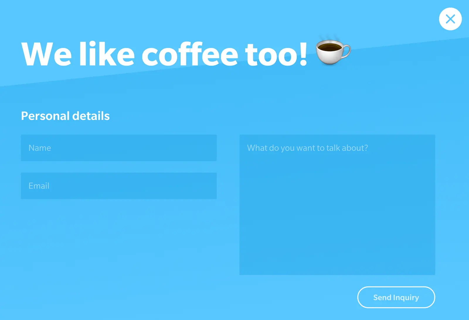 Coffee inquiry form with fields for name, email, and message.