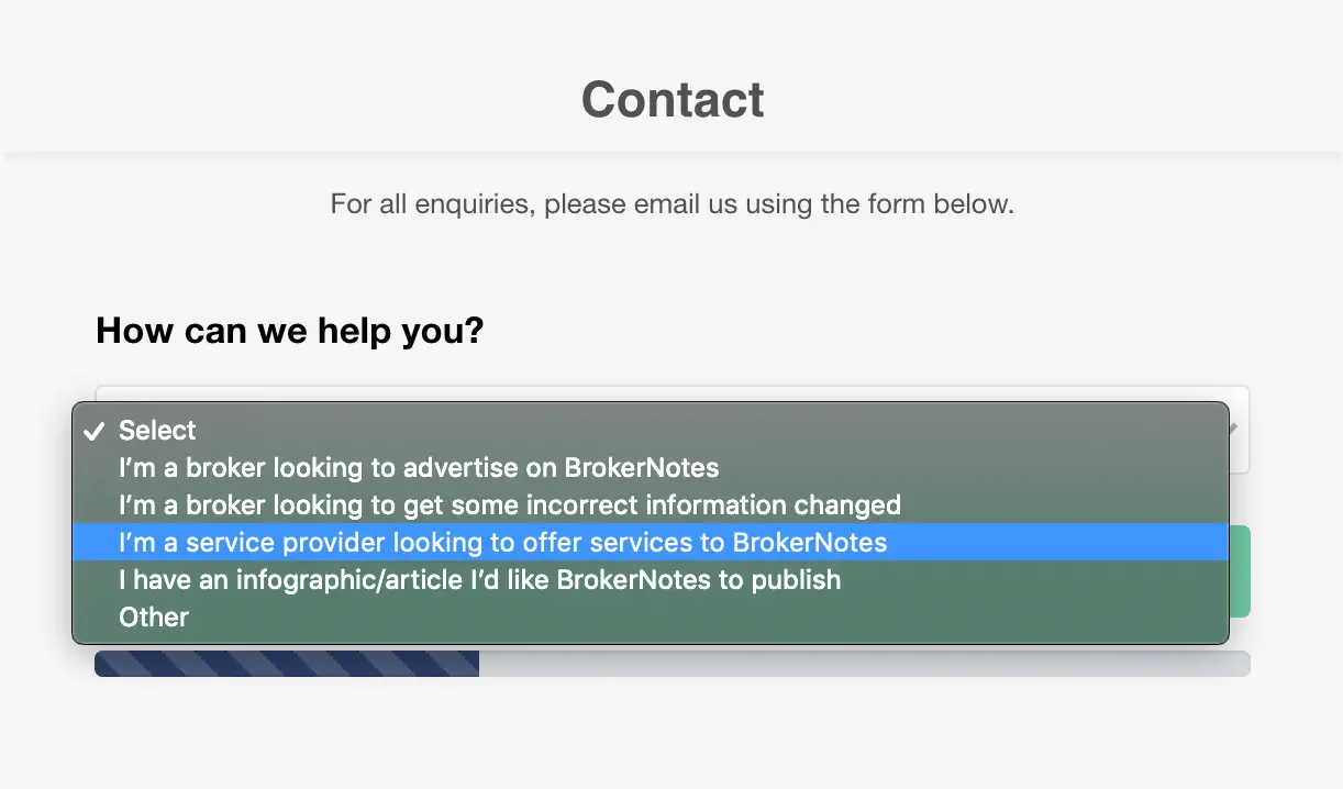 BrokerNotes contact form showing user options for assistance.