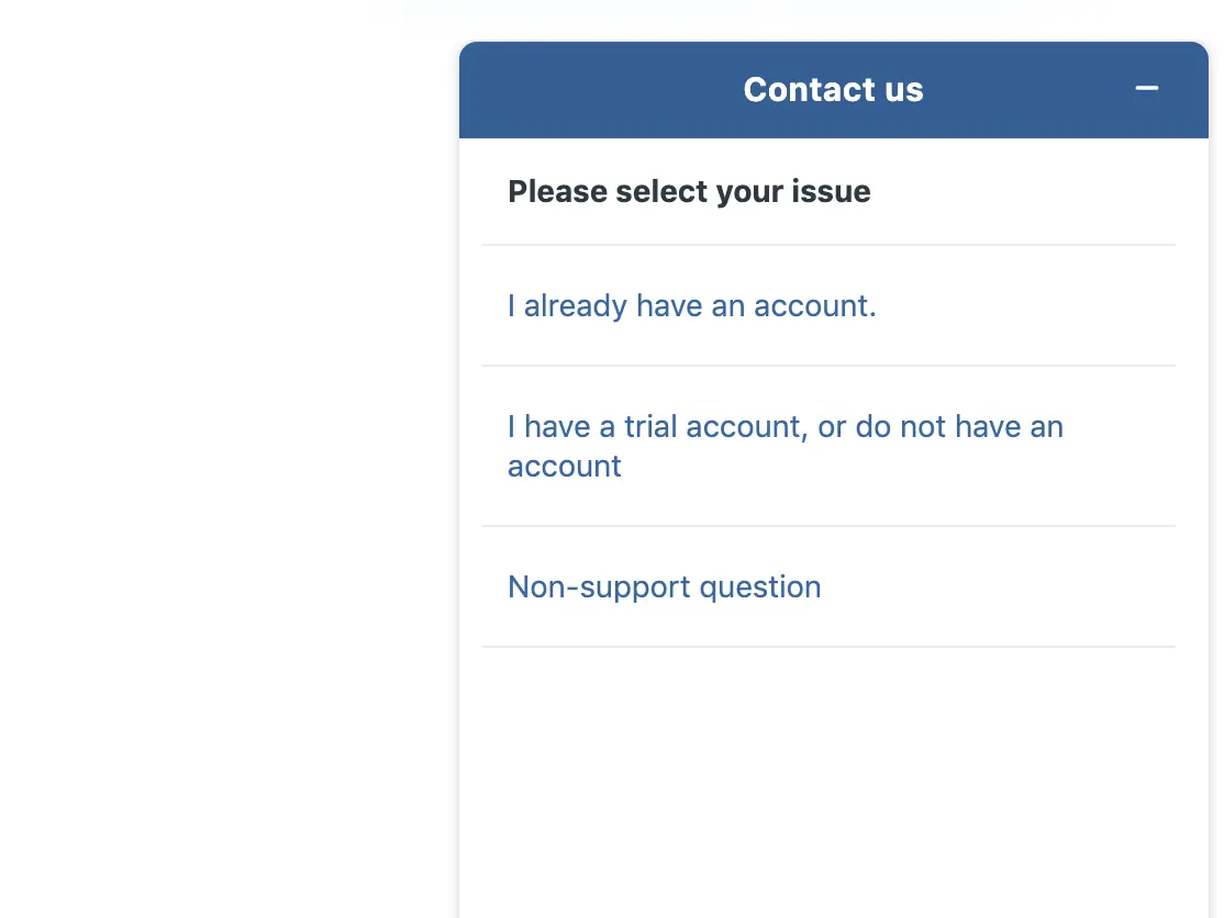 ActiveCampaign contact form showing issue selection options.