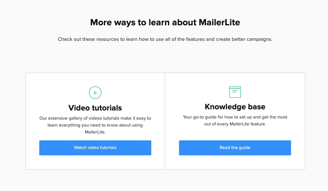 MailerLite interface showing features for video tutorials and knowledge base.
