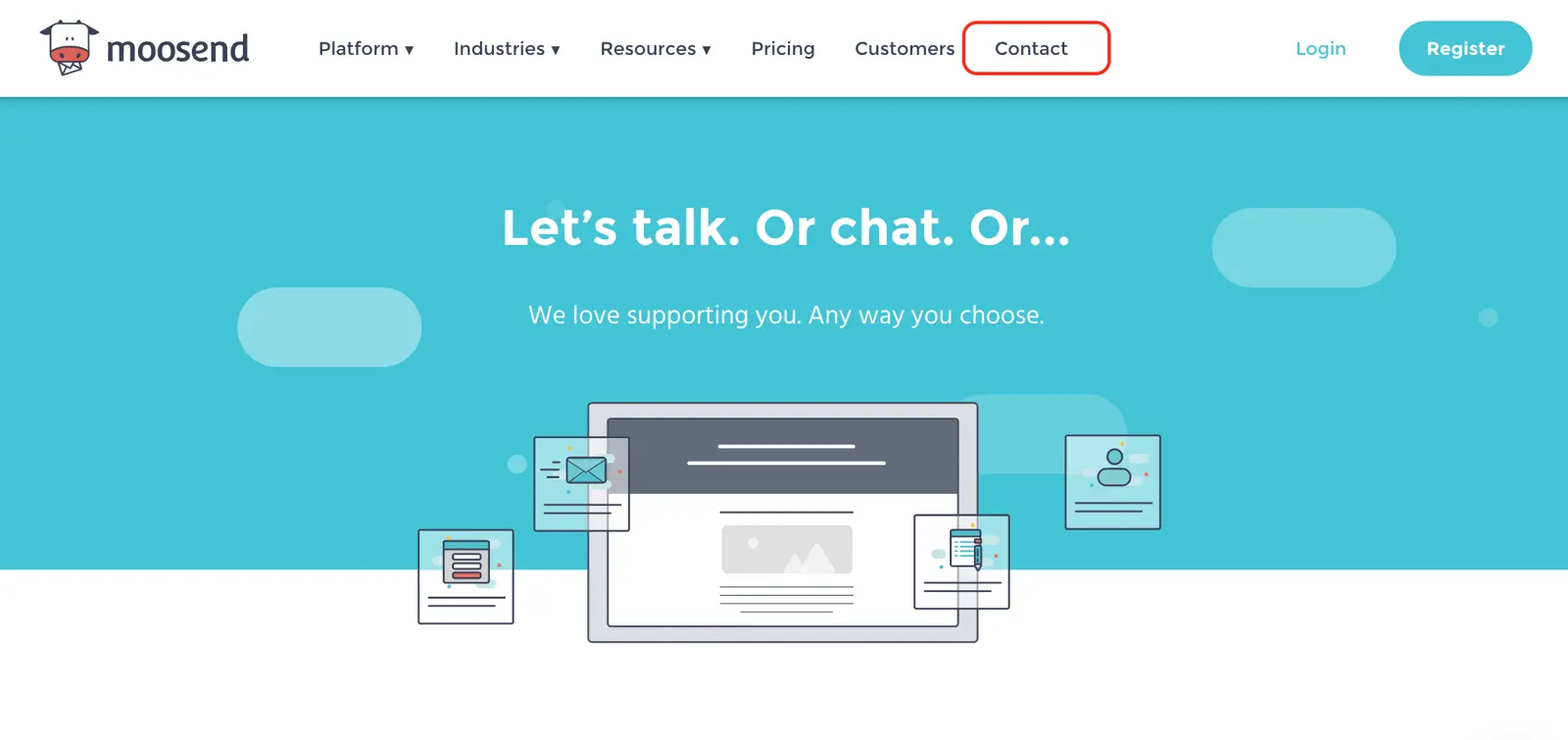 Moosend contact page hero section with chat options displayed.