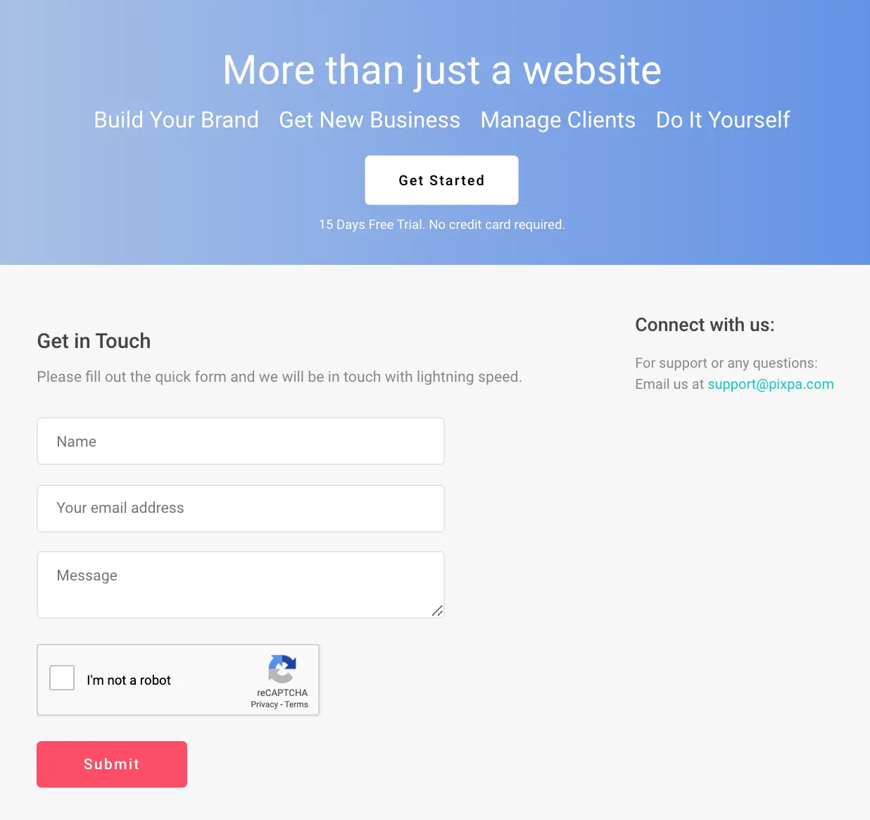 Pixpa contact form with calls-to-action and input fields.