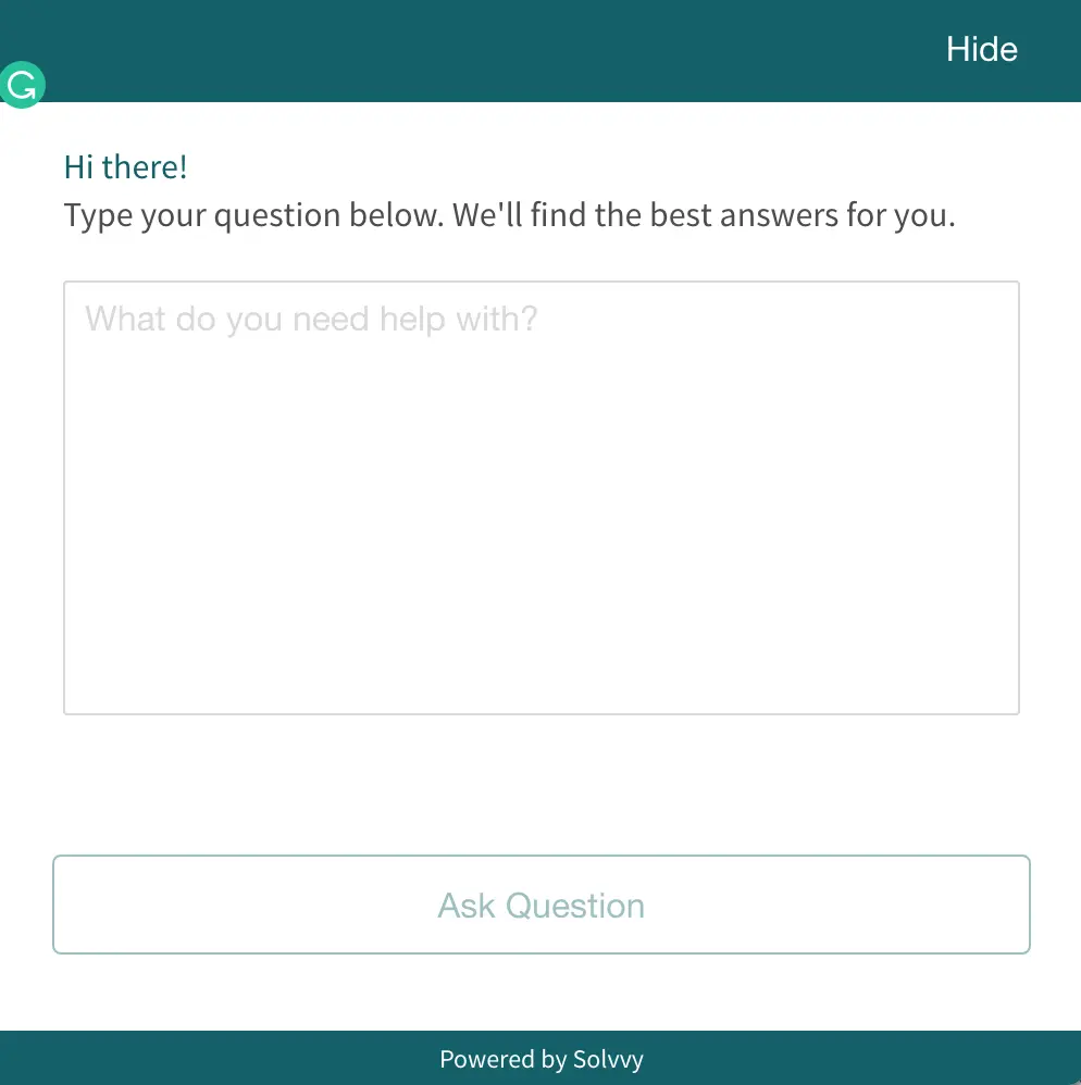 Solvvy customer support interface prompting for user questions.