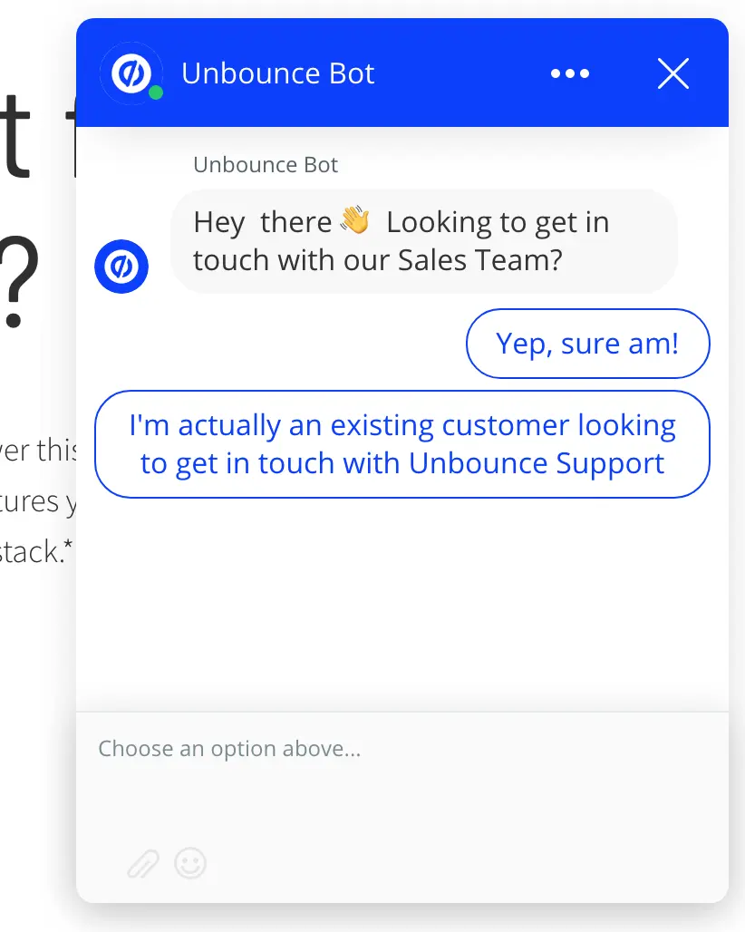Unbounce chat support interface showing customer engagement options.