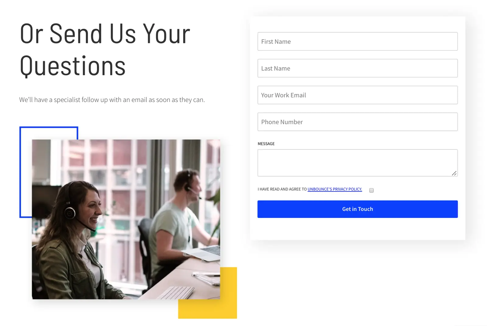 Unbounce contact form encouraging user inquiries.