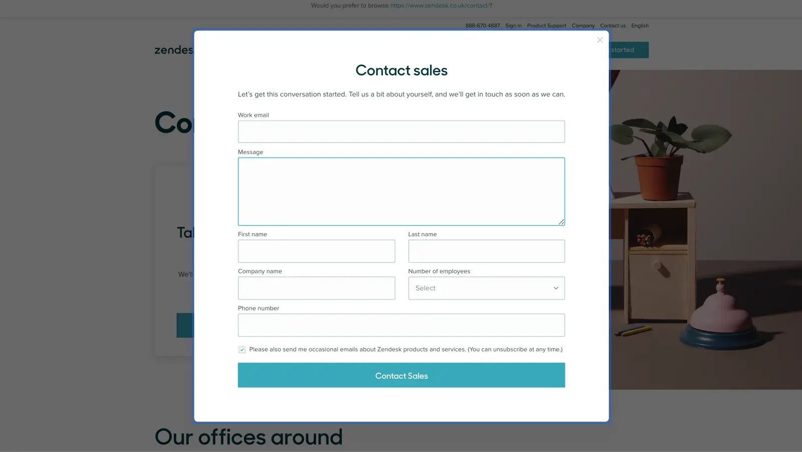 Zendesk contact sales form showcasing input fields.