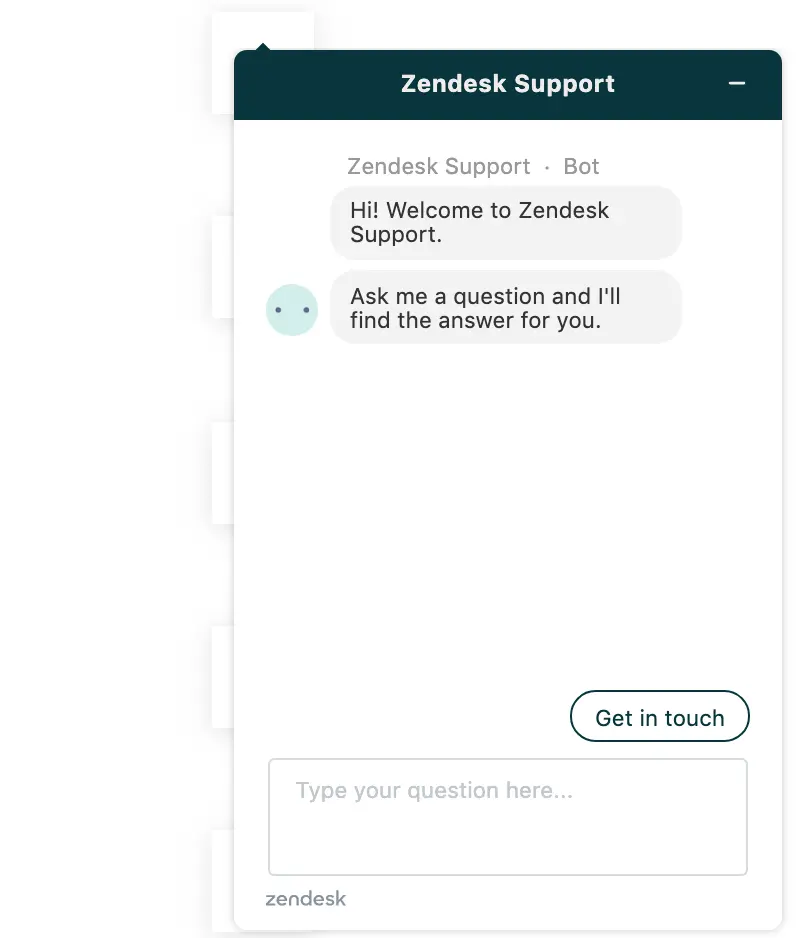 Zendesk live chat interface showing a welcome message from the support bot.