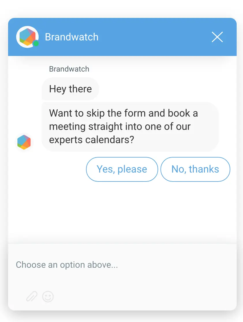Brandwatch chatbot interface offering meeting scheduling options.