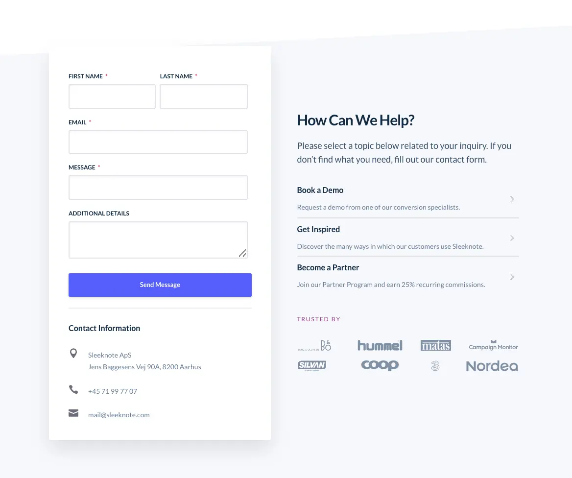 Sleeknote contact form inviting user inquiries.