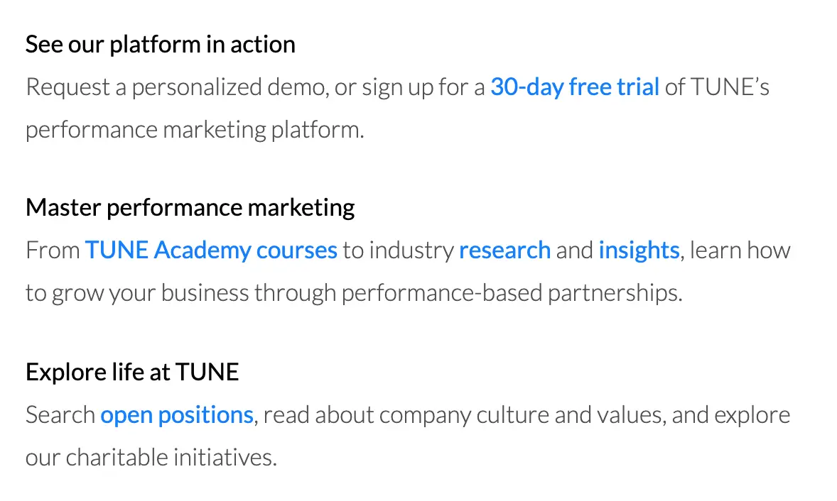 Tune performance marketing platform showing a call-to-action button.
