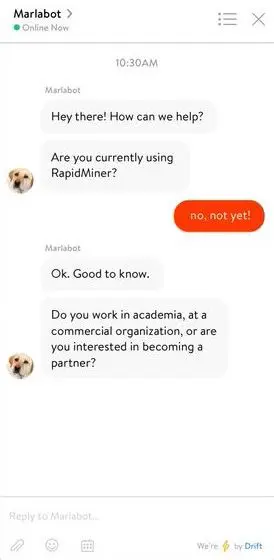 RapidMiner chatbot conversation displaying user interaction.