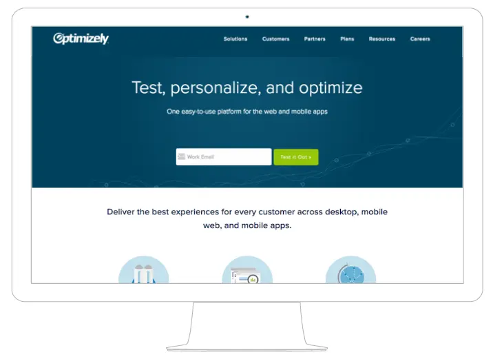 Optimizely homepage showcasing the platform's features for testing and personalization.