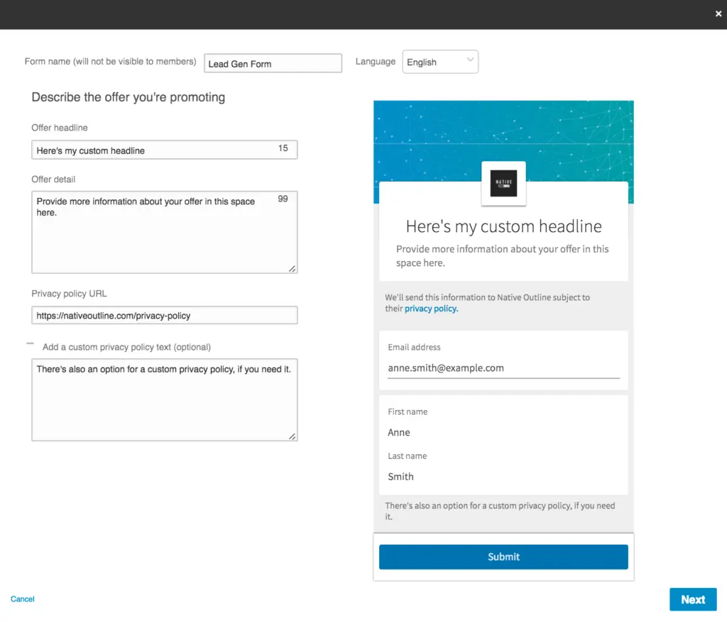 Native Outline form creation interface showing offer details and submission fields.