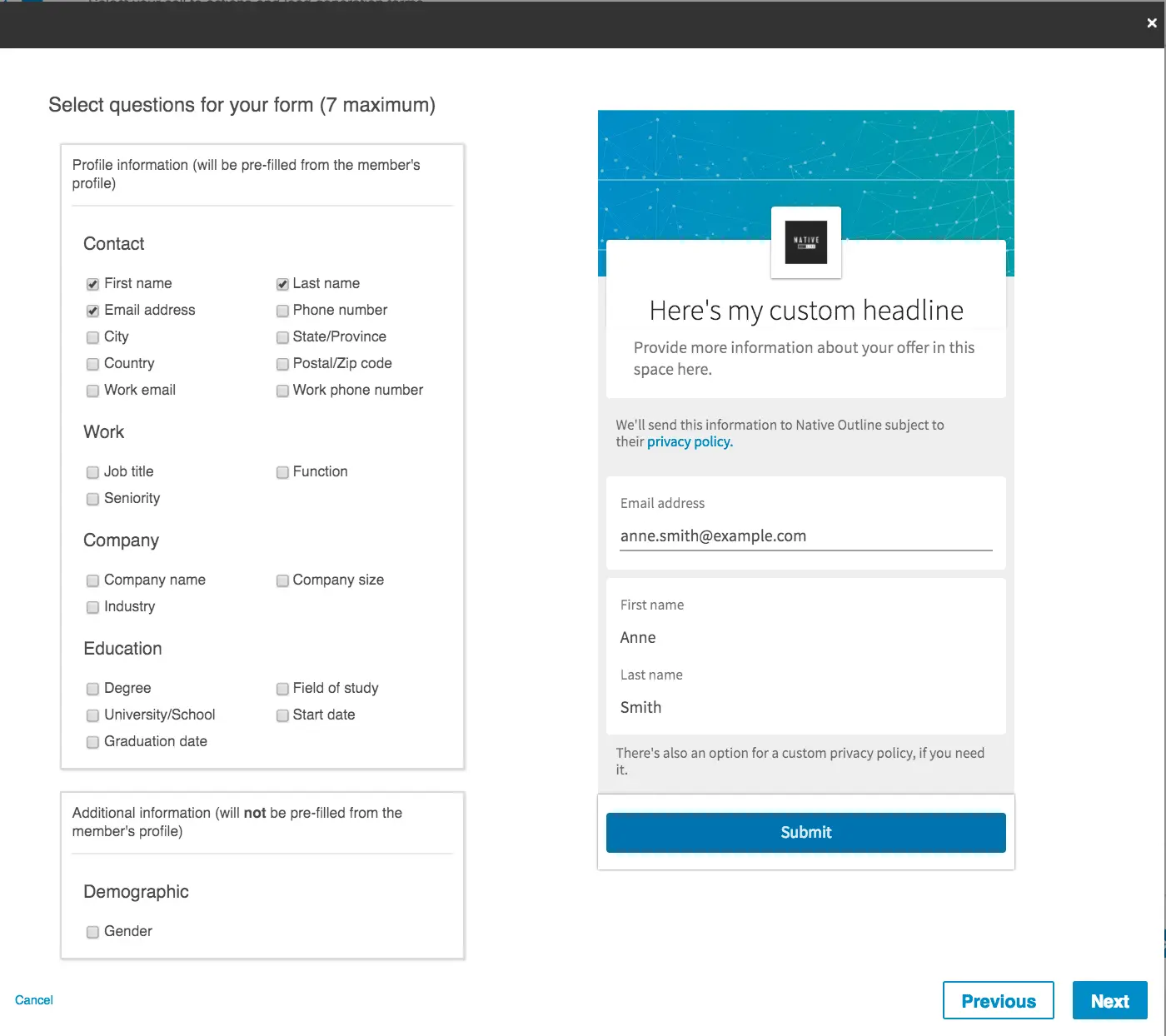 Native forms customization interface showing fields for contact and professional information.