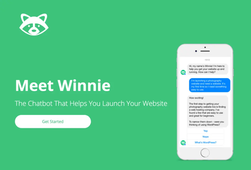 Winnie interface showcasing chatbot conversation for website launch assistance.