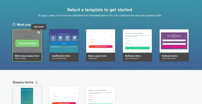 Leadformly form templates selection screen.