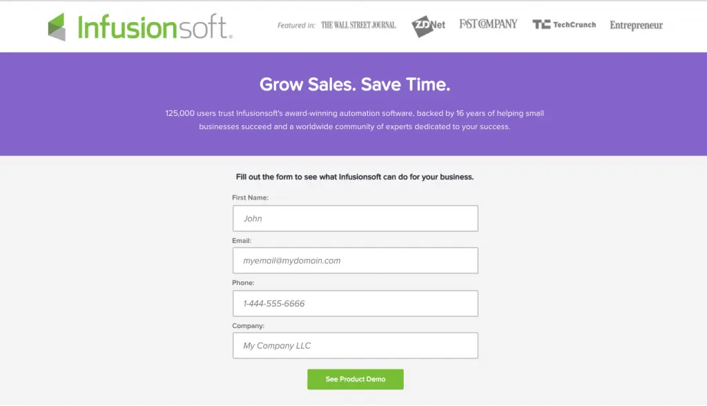 Infusionsoft landing page showing a form for lead capture.