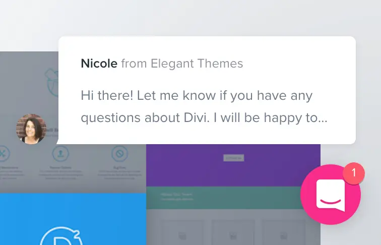 Elegant Themes live chat interface showing a message from Nicole.