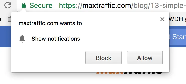 maxtraffic.com notification prompt asking to allow or block notifications