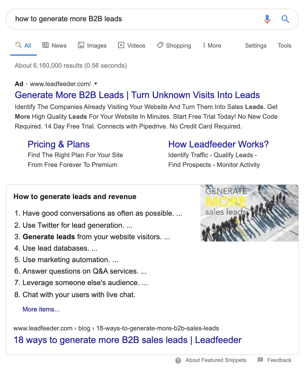Leadfeeder displaying B2B lead generation strategies on a search results page.