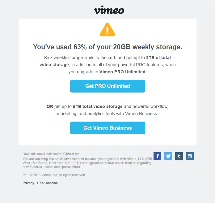 Vimeo upselling email showing storage usage and upgrade options.