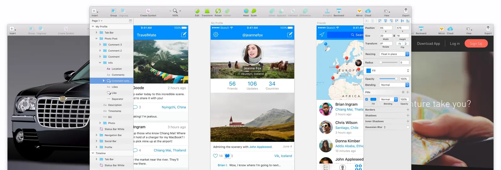 Sketch interface showcasing design elements and project layout.