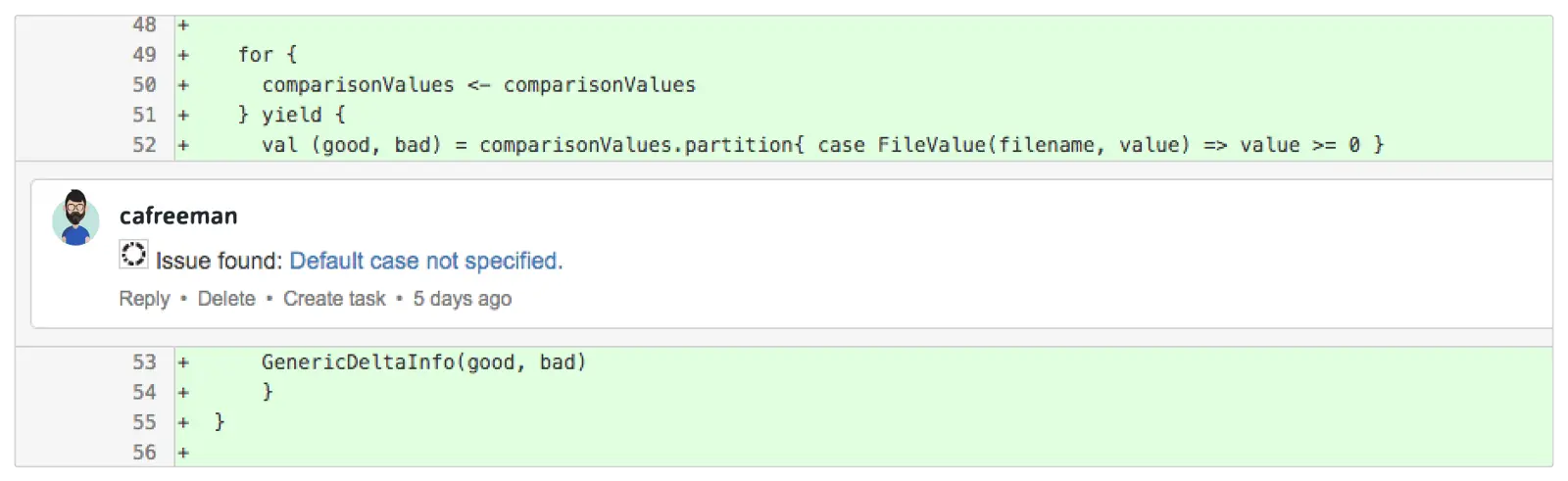 Codacy code review interface showing issue identification and task creation.