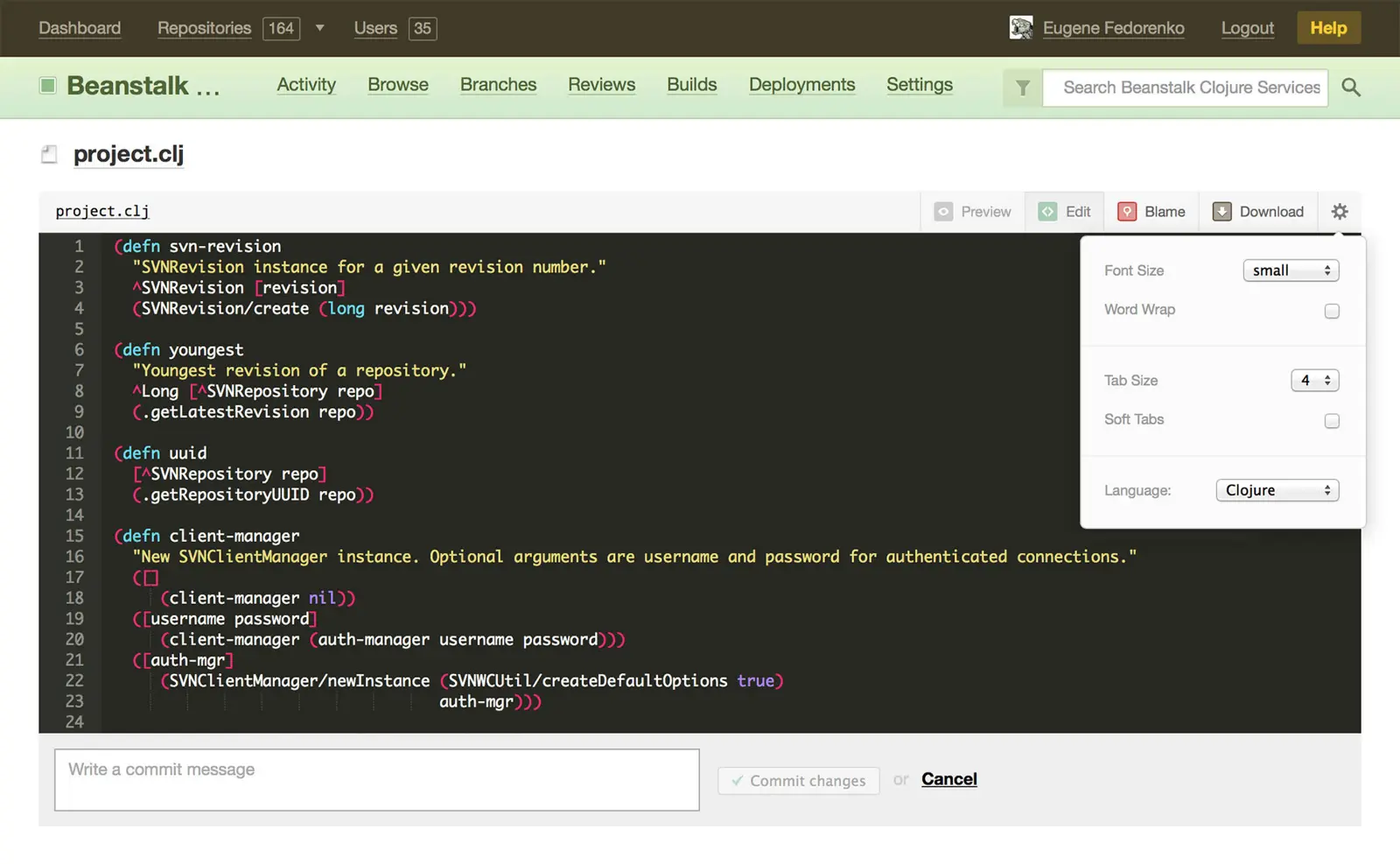 Beanstalk code editor displaying project.clj file with Clojure code.