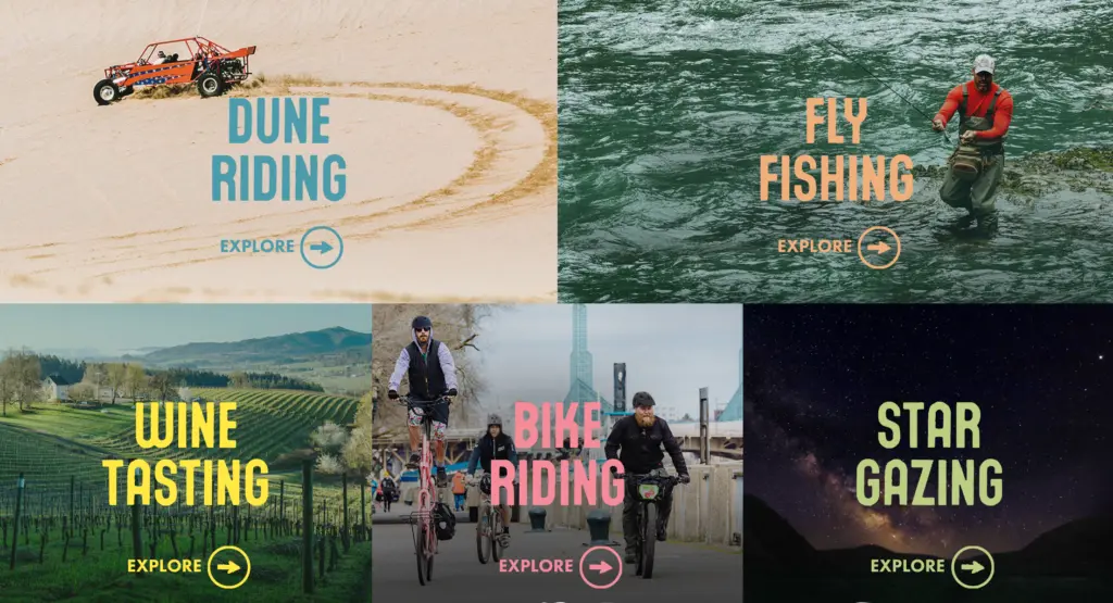 Travel Oregon activities collage featuring dune riding, fly fishing, wine tasting, bike riding, and star gazing.