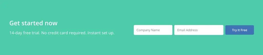 Email sign-up form with fields for company name and email address.