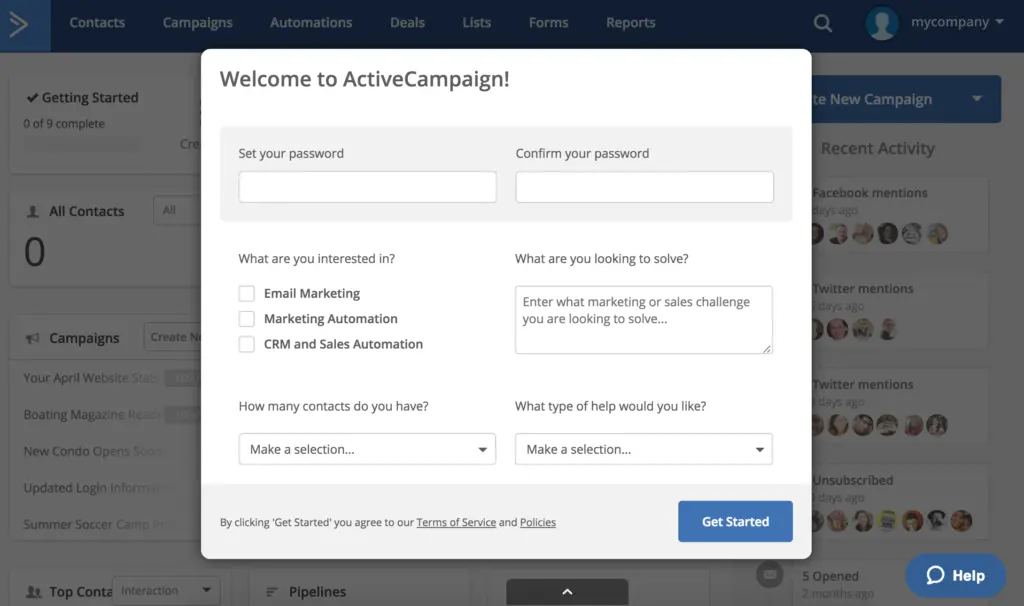 ActiveCampaign welcome form showing features and setup options.