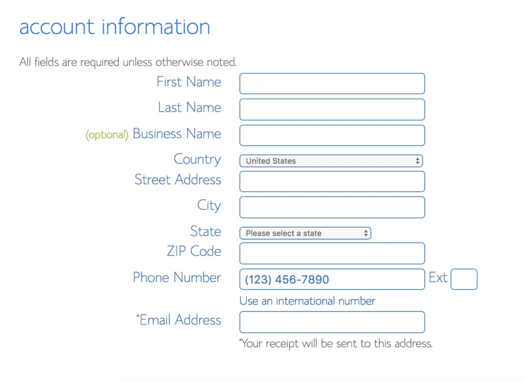 ActiveCampaign form showing account information fields.
