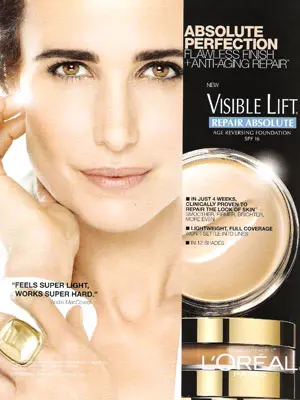 Portrait of Andie MacDowell promoting L'Oréal Visible Lift Repair Absolute.