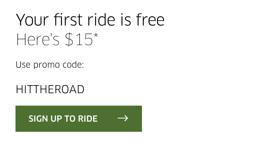 Promotional offer for a free first ride with a $15 discount code.