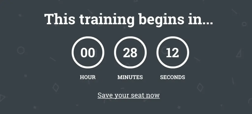 Countdown timer displaying hours, minutes, and seconds until training starts.