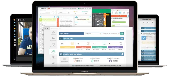 WebinarJam analytics dashboard showing webinar performance metrics.