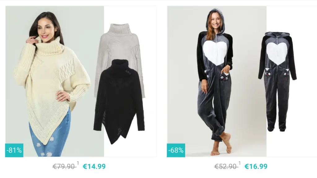 Discounted prices showing a stylish sweater and a cozy onesie.