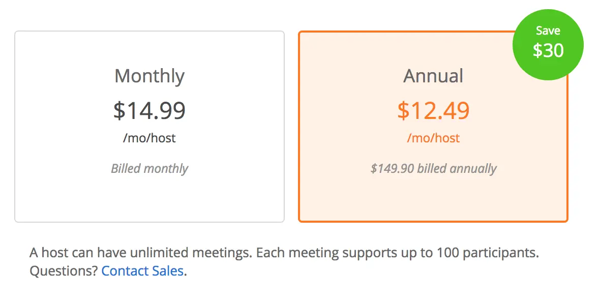 Zoom pricing comparison for monthly and annual plans.